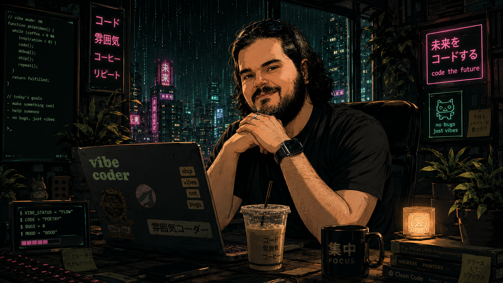 Cyberpunk lo-fi illustration of Nate Lemos at a desk with a laptop covered in vibe coder stickers, neon signs reading code the future and no bugs just vibes, coding books, coffee, and a rainy city view through the window